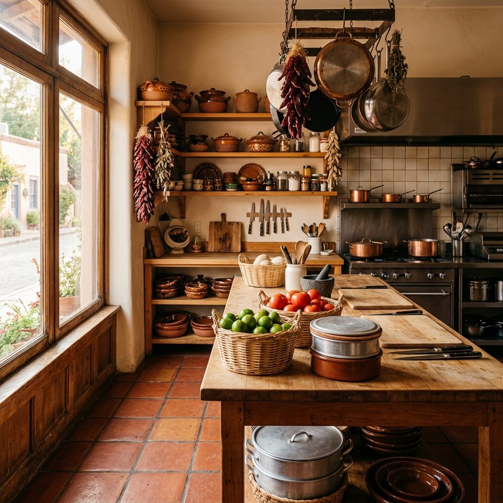 Rosa del Valle commissary kitchen storefront on Calle Milpas, Loma Dorada — clay pots, chile ristras and morning light