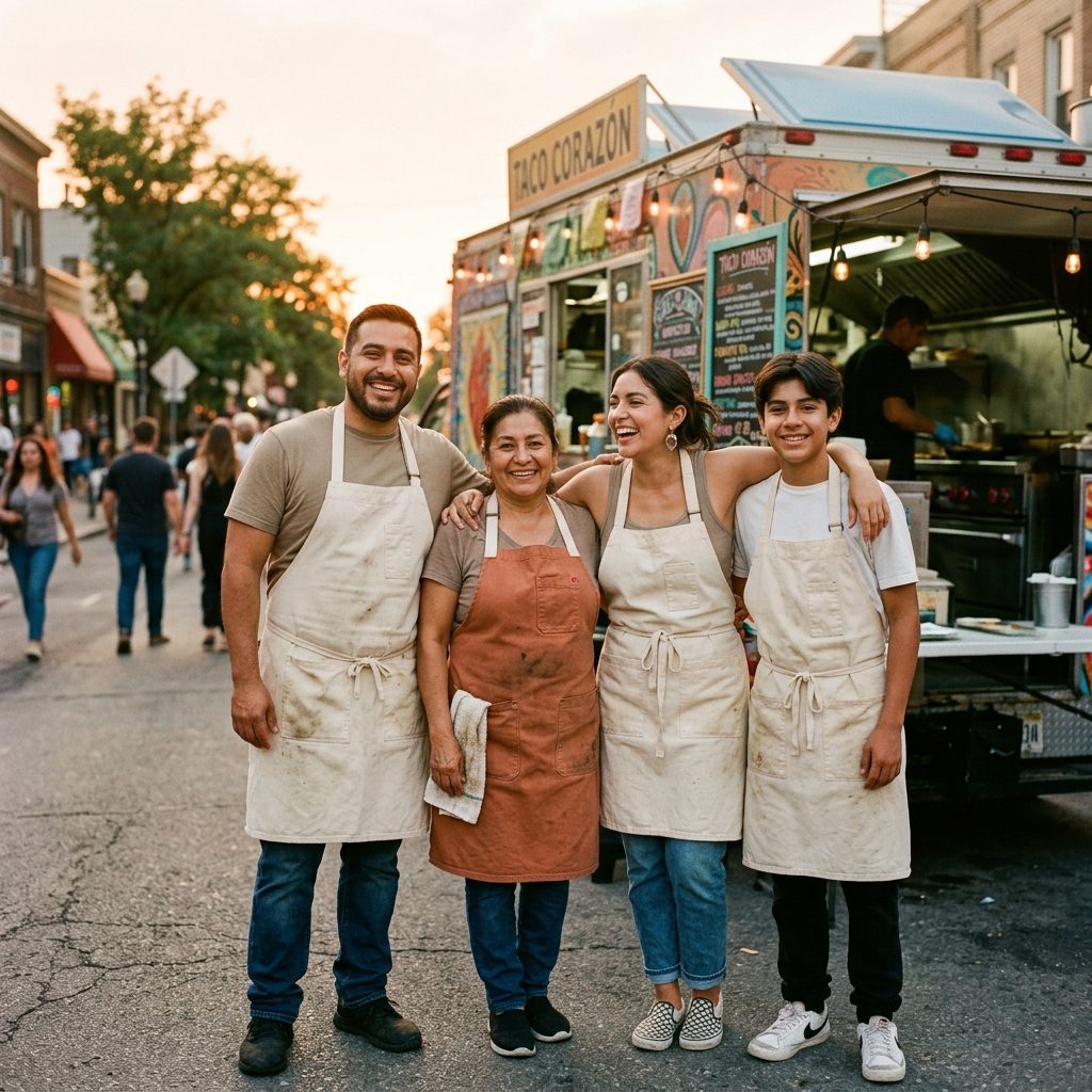 Rosa Delgado and her family catering team in front of their taco truck in Loma Dorada