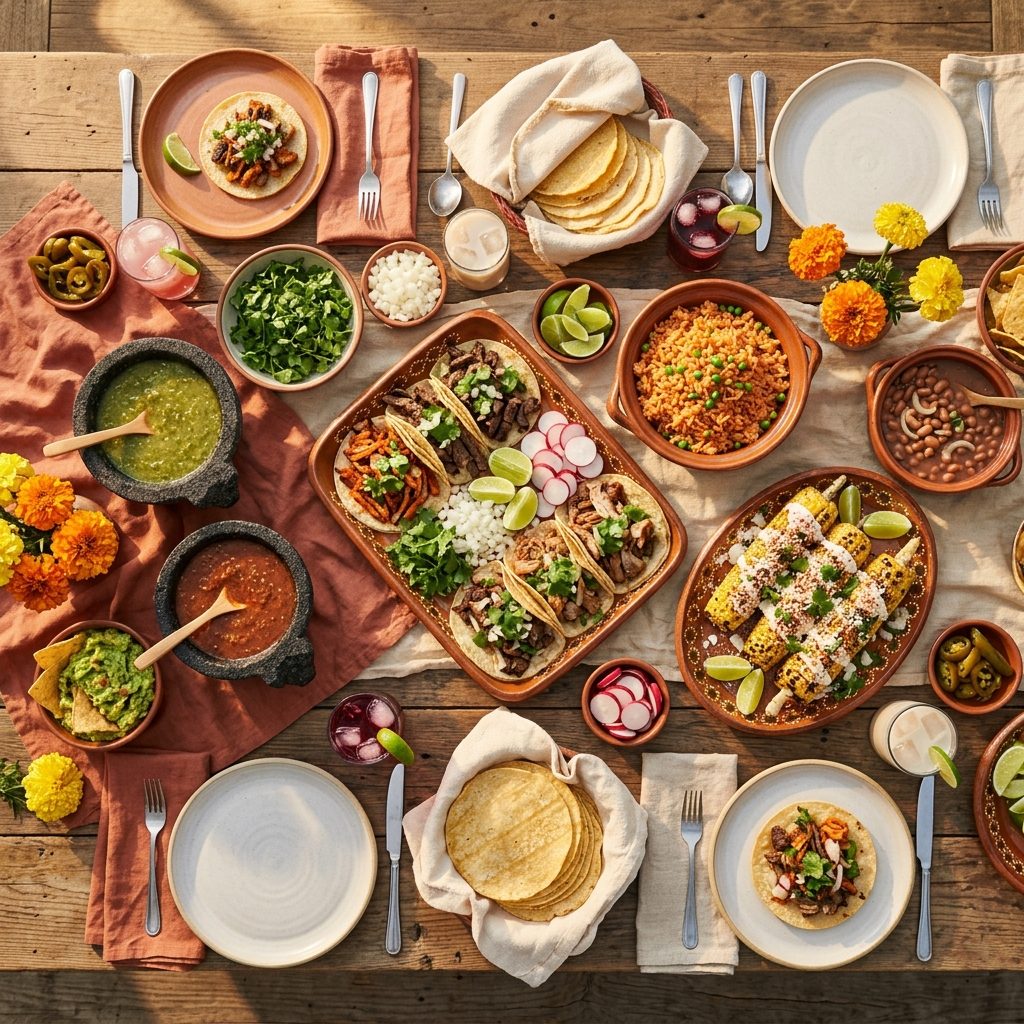 Family-style Mexican catering spread by Rosa del Valle — street tacos, arroz rojo, elote and molcajete salsas for events in Loma Dorada, CA