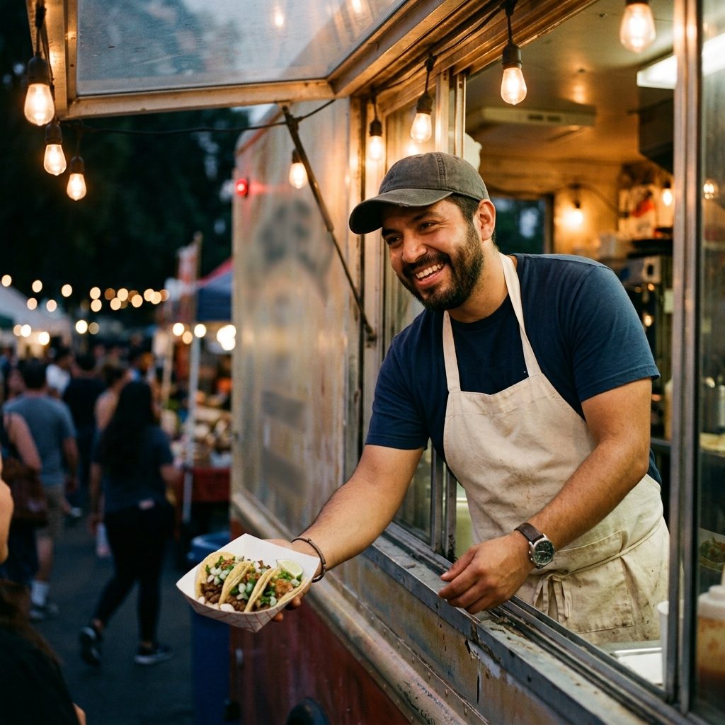 Marco Delgado handing street tacos out of the Rosa del Valle taco truck window at an evening stop in Loma Dorada