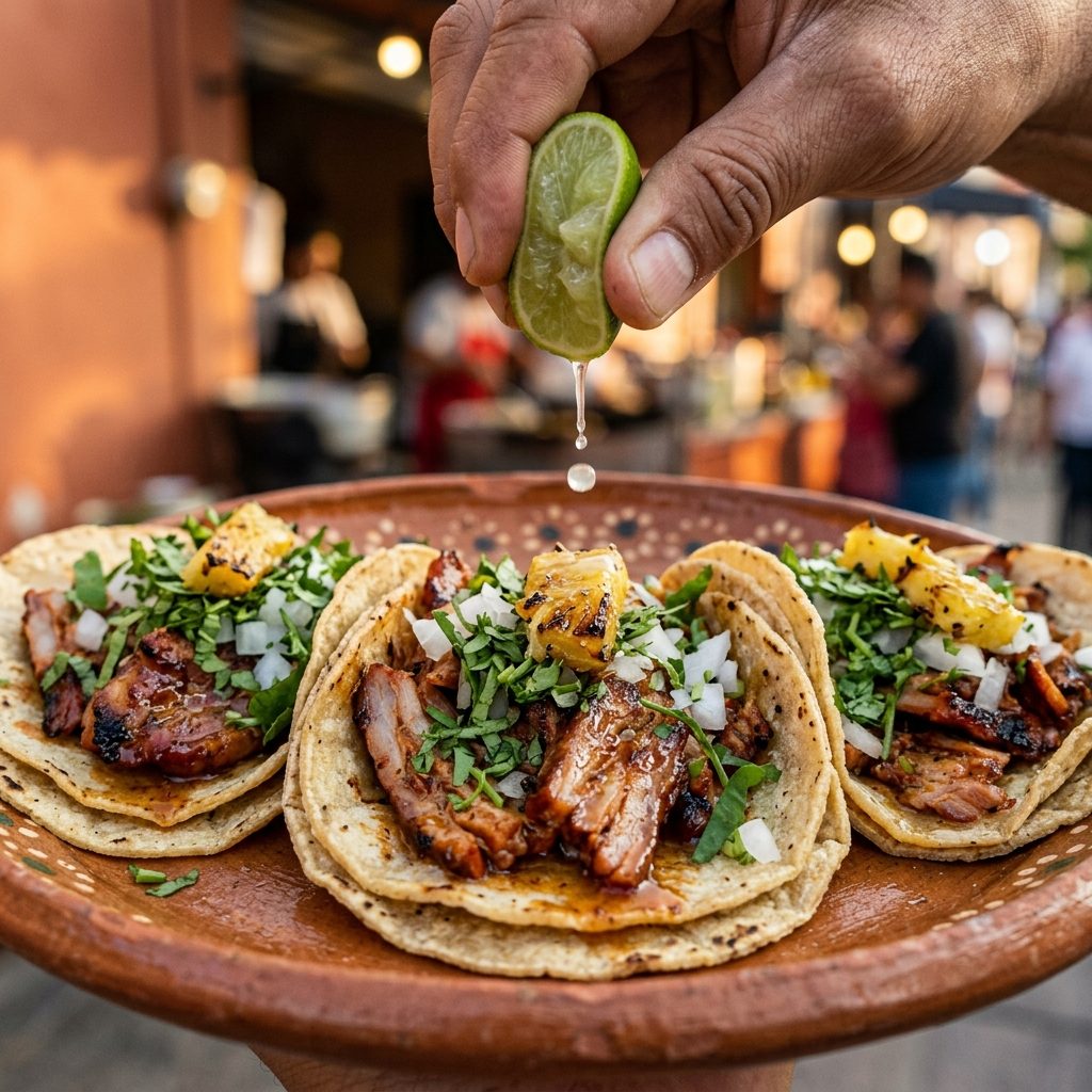 Al pastor street tacos with charred pineapple from the Rosa del Valle taco truck in Loma Dorada