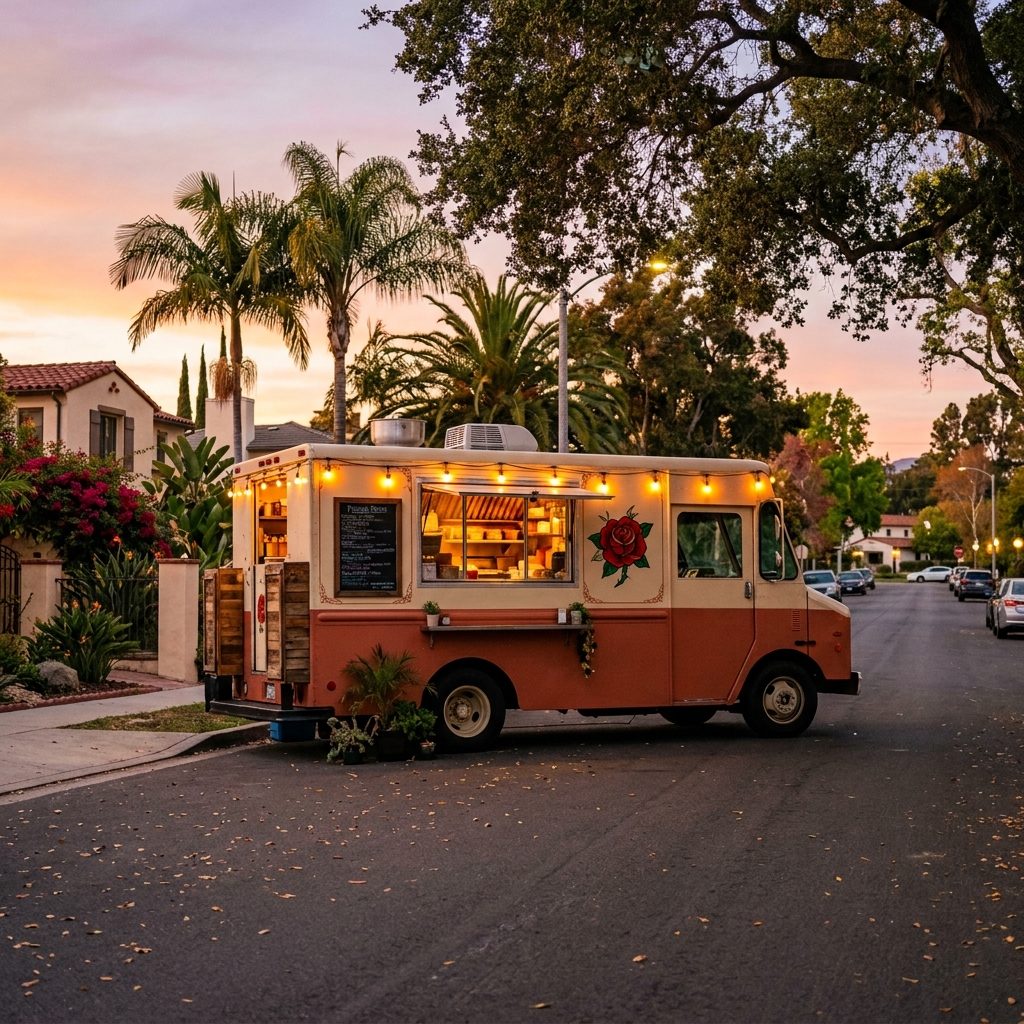 Rosa del Valle taco truck at golden hour, booked for weddings and street stops around Loma Dorada, CA