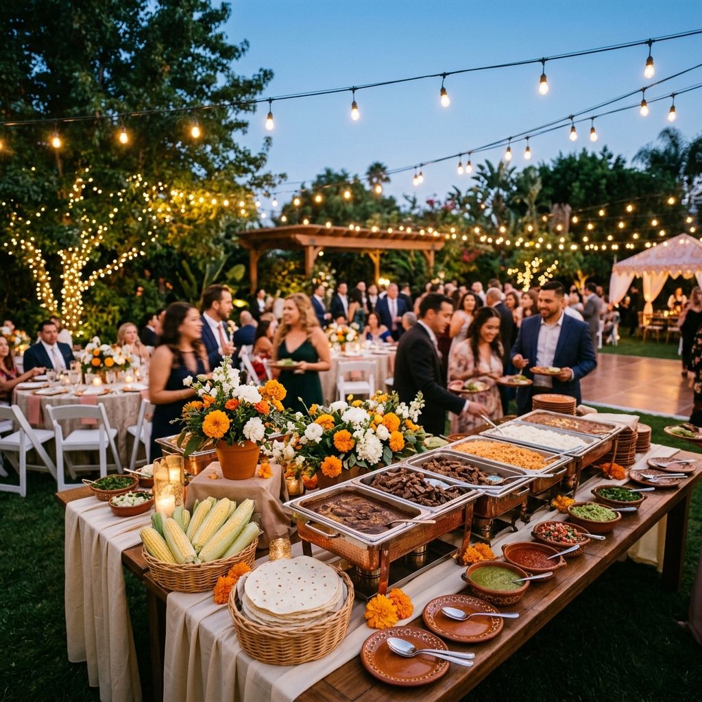 Backyard wedding reception buffet catered by Rosa del Valle in Loma Dorada — Mexican wedding catering at dusk